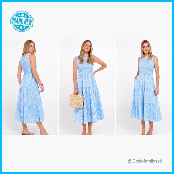 Sleeveless Crewneck Maxi Dress Smocked Tiered Boho Casual Beach Sundress - Picture 7 of 7